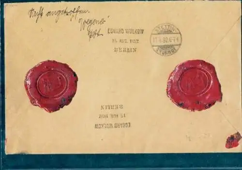 Michel Nr. 50 auf Wertbrief Berlin nach Stettin 16.08.1892, geprüft Zenke BPP, Siegel