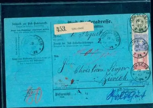 Michel Nr. 41,42,44 auf Paketkarte Höhscheid Zürich 29.10.1887