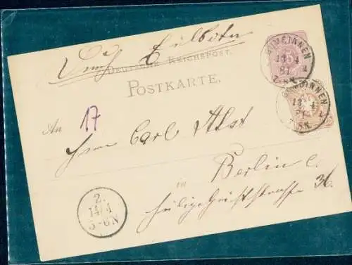 P 10 mit Michel Nr. 43a! auf Eilboten Postkarte Gumbinnen-Berlin 13.04.1881