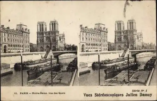 Stereo Ak Paris, Notre Dame von den Kais aus gesehen, Boote