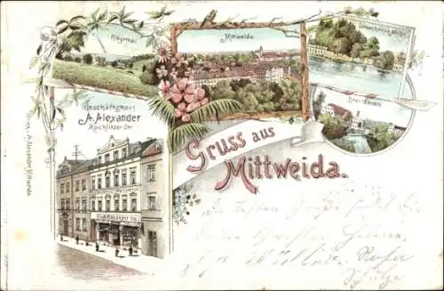 Litho Mittweida in Sachsen, Ringethal, Lauenhainer Mühle, Drei Werden, Geschäftshaus, Rochlitzer Str