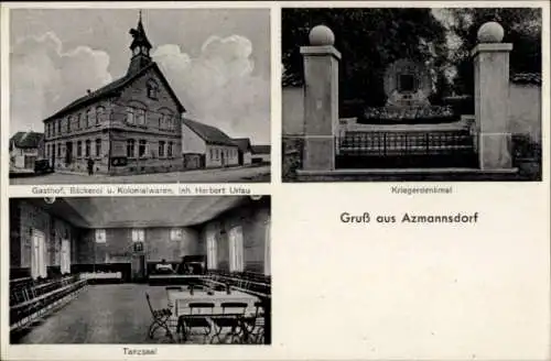 Ak Azmannsdorf Erfurt in Thüringen, Kriegerdenkmal, Gasthof, Bäckerei, Kolonialwaren, Tanzsaal