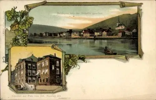 Ak Zeltingen an der Mosel, Gasthof zur Post von Joh. Nicolay sen., Panorama, Kirche