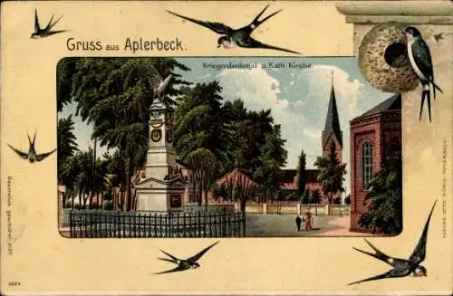 Passepartout Litho Aplerbeck Dortmund im Ruhrgebiet, Kriegerdenkmal, kath. Kirche, Schwalben