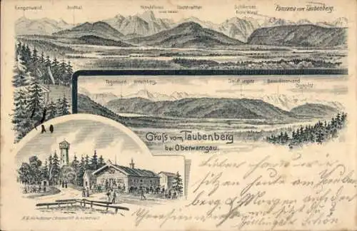 Litho Oberwarngau Warngau, Panorama vom Taubenberg, Kampenwand, Schliersee, Rote Wand