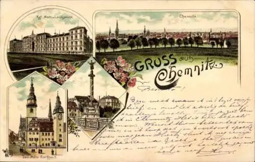 Litho Chemnitz in Sachsen, Amtsgericht, Landgericht, Altes Rathaus, Siegesdenkmal