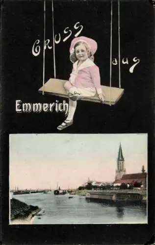 Passepartout Ak Emmerich am Niederrhein, Teilansicht, Kirche, Mädchen auf einer Schaukel