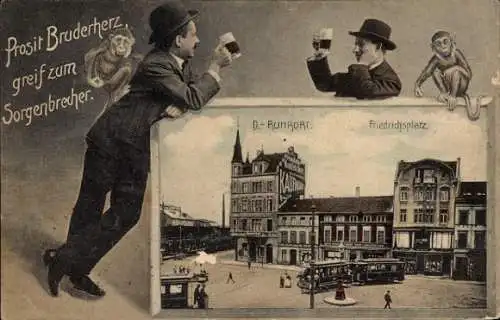 Passepartout Ak Ruhrort Duisburg im Ruhrgebiet, Friedrichsplatz, Straßenbahn, Männer, Bier, Affen