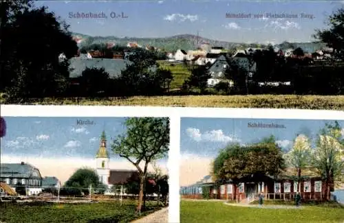 Ak Schönbach Oberlausitz, Mitteldorf, Pietschkens Berg, Kirche, Schützenhaus