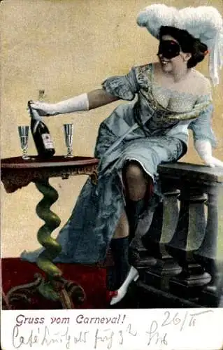 Ak Karneval, Frau mit Maske, Sektflasche