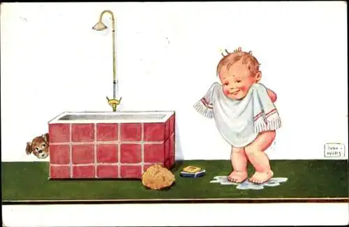 Künstler Ak Wills, John, Kind mit Handtuch, Badewanne