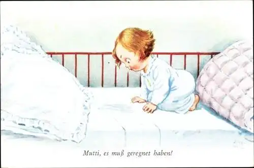 Künstler Ak Wills, John, Kind im Bett, Mutti, es muss geregnet haben