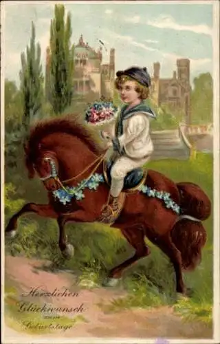Ak Glückwunsch Geburtstag, Junge mit Blumenstrauß auf einem Pferd