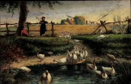 Künstler Ak Millet, Francois, Am Dorfweiher, Gänse