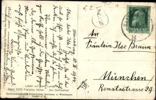 Künstler Ak Millet, Francois, Am Dorfweiher, Gänse