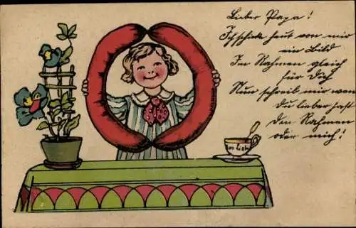 Künstler Ak Mädchen mit großer Wurst