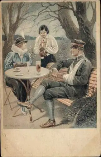 Künstler Ak Verwundeter Soldat mit zwei Frauen, I WK