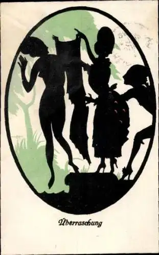 Scherenschnitt Ak Überraschung, nackte Frau