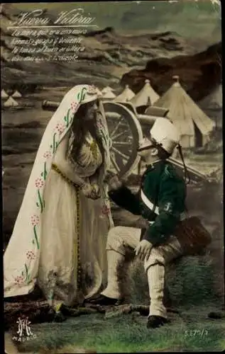 Ak Spanischer Soldat im Lager, Frau, Nueva Victoria