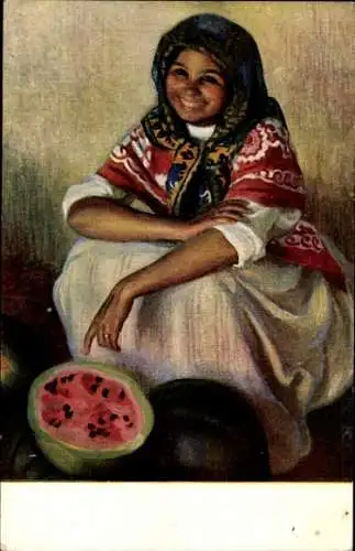 Künstler Ak Portrait einer Frau in spanischer Tracht mit Wassermelone
