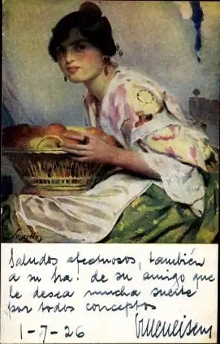 Künstler Ak Portrait einer dunkelhaarigen Frau in spanischer Tracht mit Obstschale