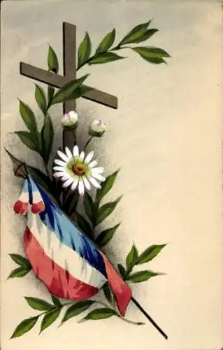 Handgemalt Ak Französische Flagge, Kreuz, weiße Blüte