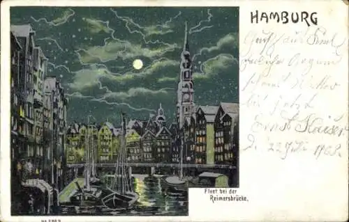 Ak Hamburg Mitte Altstadt, Fleet bei der Reimersbrücke, Vollmond