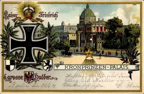 Wappen Litho Berlin Mitte, Kronprinzen Palais, Eisernes Kreuz, Krone, Kaiser Friedrich