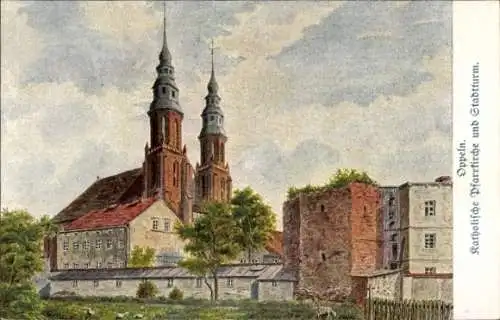 Künstler Ak Opole Oppeln Schlesien, Katholische Pfarrkirche und Stadtturm