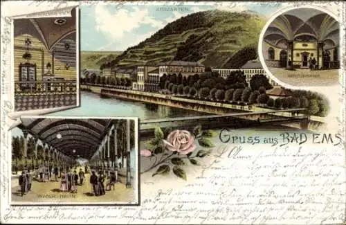 Litho Bad Ems an der Lahn, Kurgarten, Kesselbrunnen, Wandelbahn