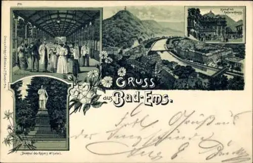 Litho Bad Ems an der Lahn, Wandelbahn, Kurhof, Kaiserwohnung, Kaiser Wilhelm I. Denkmal