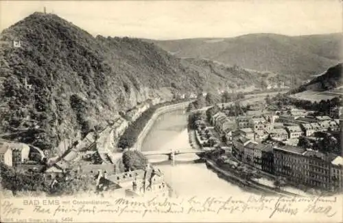 Ak Bad Ems an der Lahn, Teilansicht, Concordiaturm, Brücke