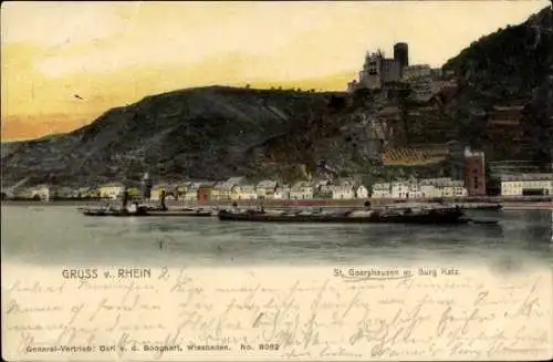 Ak St. Goarshausen am Rhein, Stadt mit Burg Katz