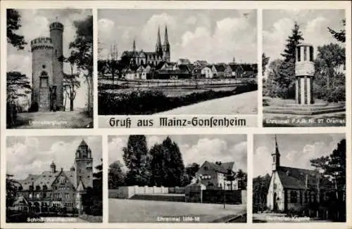 Ak Gonsenheim Mainz am Rhein, Lennebergturm, Ehrenmal F.A.R. Nr. 27 Oranien, Schloss Waldhausen