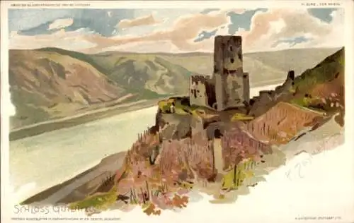 Künstler Litho Schmohl, Kaub Rheinland Pfalz, Schloss Gutenfels, Gesamtansicht, Rheintal, Panorama