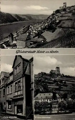 Ak Caub Kaub am Rhein, Gesamt mit Rhein, Cafe Manthe, Blücherdenkmal