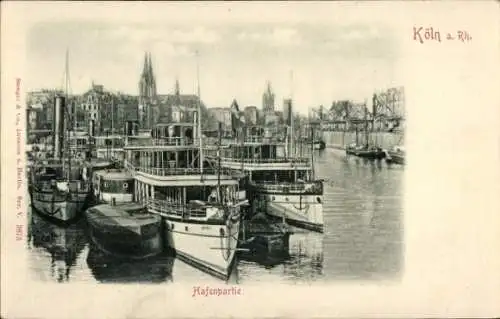 Relief Ak Köln am Rhein Nordrhein Westfalen, Hafenpartie mit Dampfer, Anlegestelle