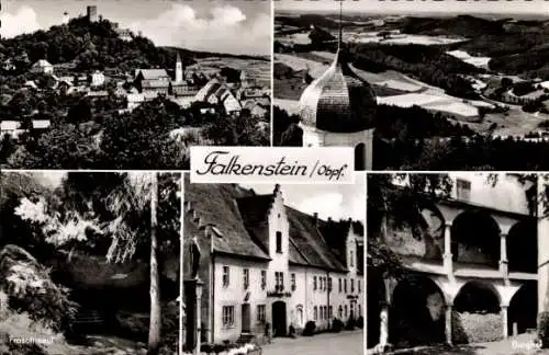 Ak Falkenstein in der Oberpfalz, Gesamtansicht, Teilansicht, Zwiebelturm, Gasthof Schröttingerbräu