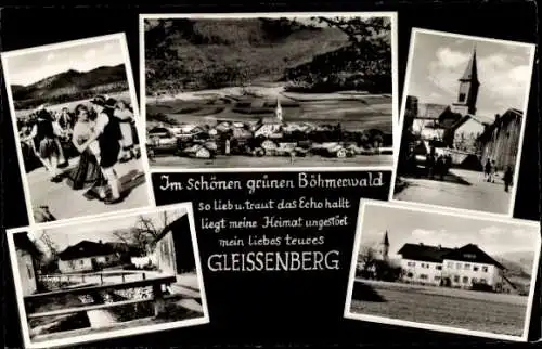 Ak Gleißenberg in der Oberpfalz, Gesamtansicht, Teilansicht, tanzendes Paar in Tracht, Gebäude