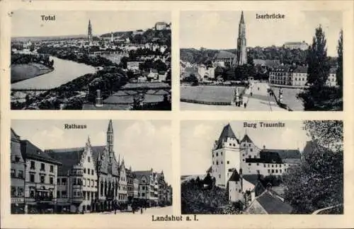 Ak Landshut in Niederbayern, Isarbrücke, Totalansicht, Burg Trausnitz, Rathaus