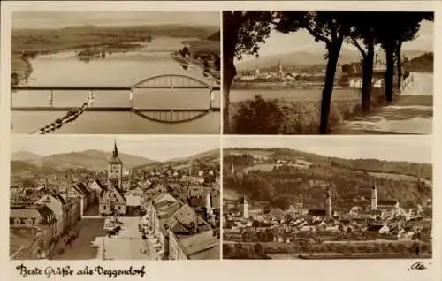 Ak Deggendorf im Bayerischen Wald Niederbayern, Brücke, Blick auf den Ort, Straßenpartie, Totale