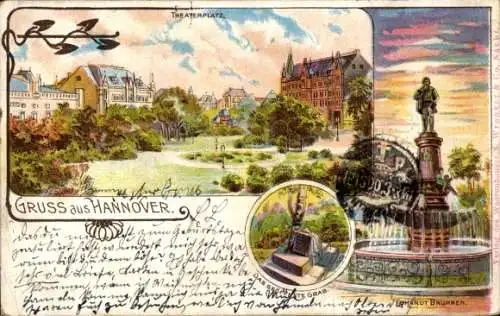 Litho Hannover in Niedersachsen, Theaterplatz, Brunnen, Das geöffnete Grab