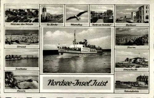 Ak Nordseebad Juist in Ostfriesland, Kirche, Strand, Inselbahn, Dünen, Strandhalle, Dampfer, Kurhaus