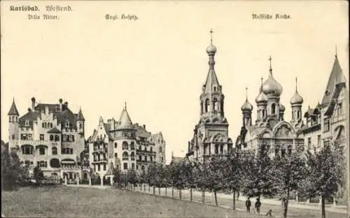 Ak Karlovy Vary Karlsbad Stadt, Westend, Villa Ritter, evangelisches Hospiz, russische Kirche