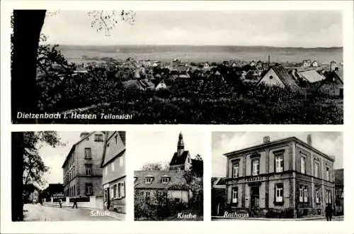 Ak Dietzenbach in Hessen, Teilansicht, Schule, Kirche, Rathaus