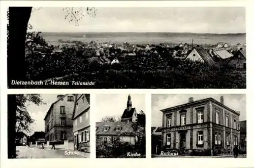 Ak Dietzenbach in Hessen, Teilansicht, Schule, Kirche, Rathaus