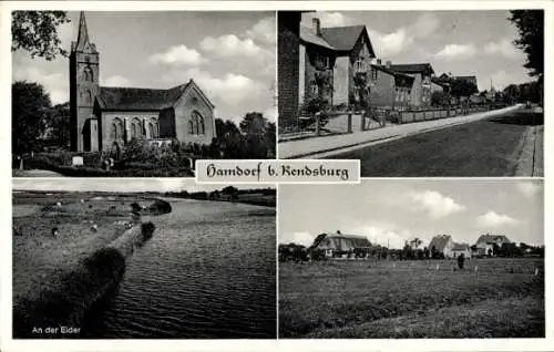 Ak Hamdorf in Schleswig Holstein, Kirche, Straßenansicht, Eider