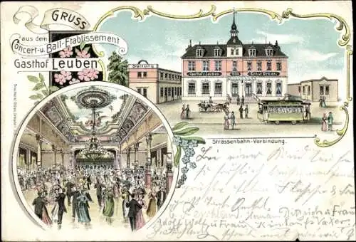 Litho Dresden Leuben, Konzert- und Ball-Etablissement Gasthof Leuben, Straßenbahn