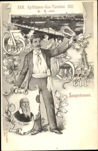 Ak Sangerhausen am Südharz, XXV Kyffhäuser-Gau-Turnfest 1901, Turnvater Jahn, Kyffhäuser-Denkmal