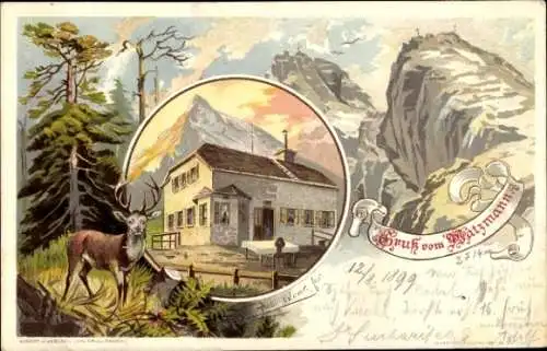 Künstler Litho Ramsau im Berchtesgadener Land Oberbayern, Watzmannhaus, Watzmann